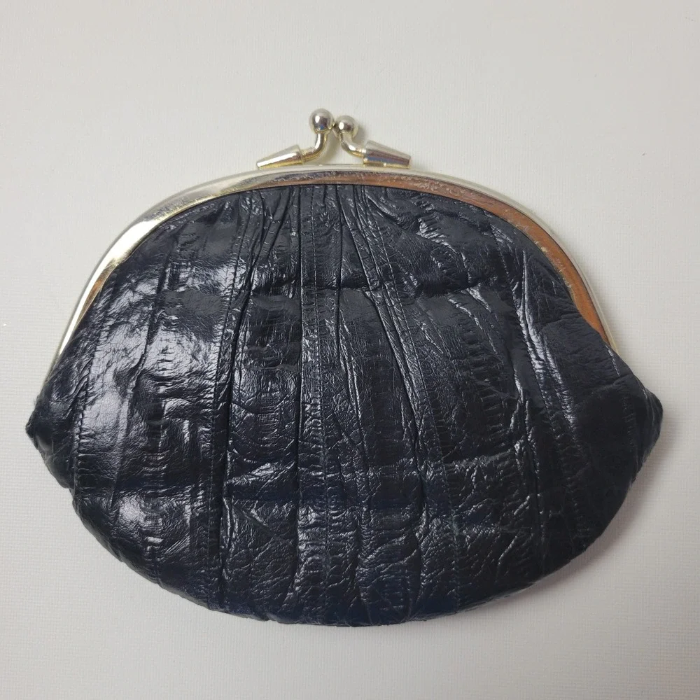 Set of 2 Lee Sands Vintage Eel Skin Coin Purse Black Brown Kiss Lock Korea